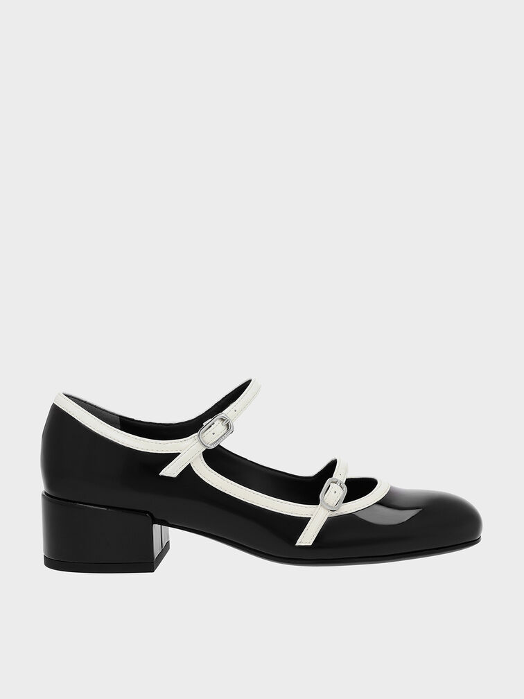 Patent Contrast-Trim Double-Strap Mary Jane Pumps, Black Patent, hi-res