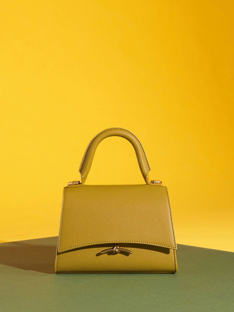 Huxley Metallic Push-Lock Top Handle Bag, Mustard, hi-res