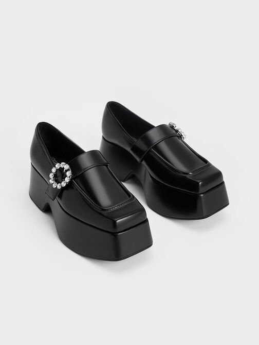 Gem-Embellished Chunky Platform Loafers, Black, hi-res