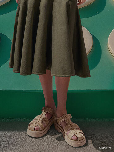 Raffia Caged Sandals, Taupe, hi-res
