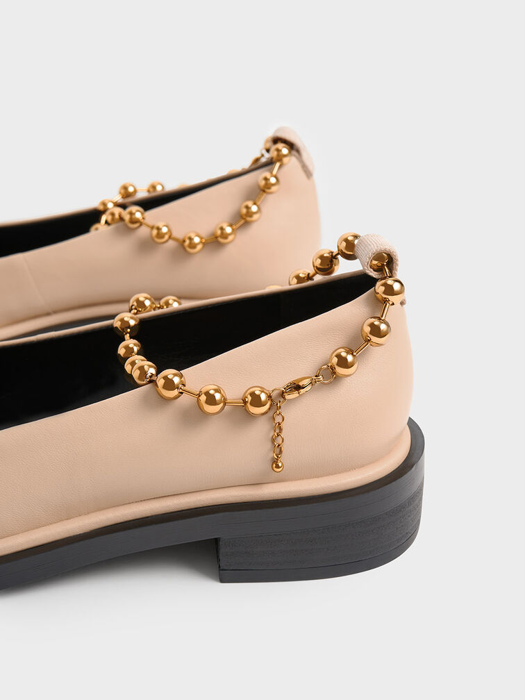 Beaded Ankle-Strap Leather Ballerinas, Sand, hi-res
