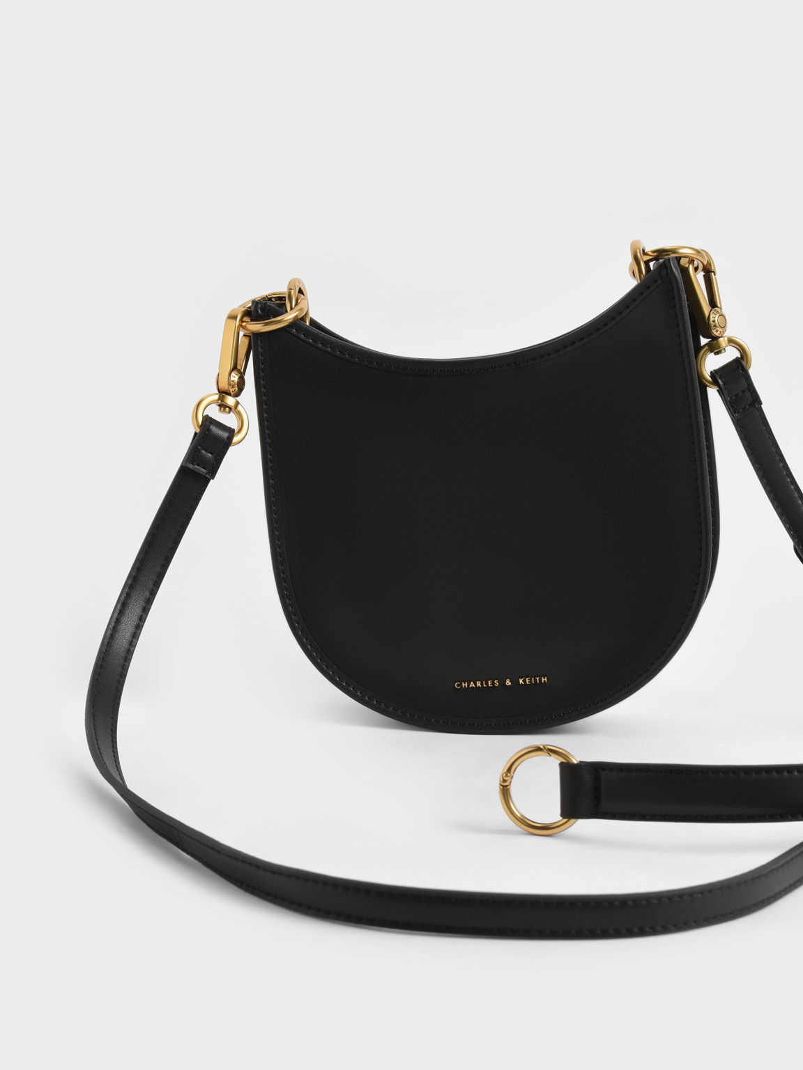 Ring Detail Curved Crossbody Bag, Black, hi-res