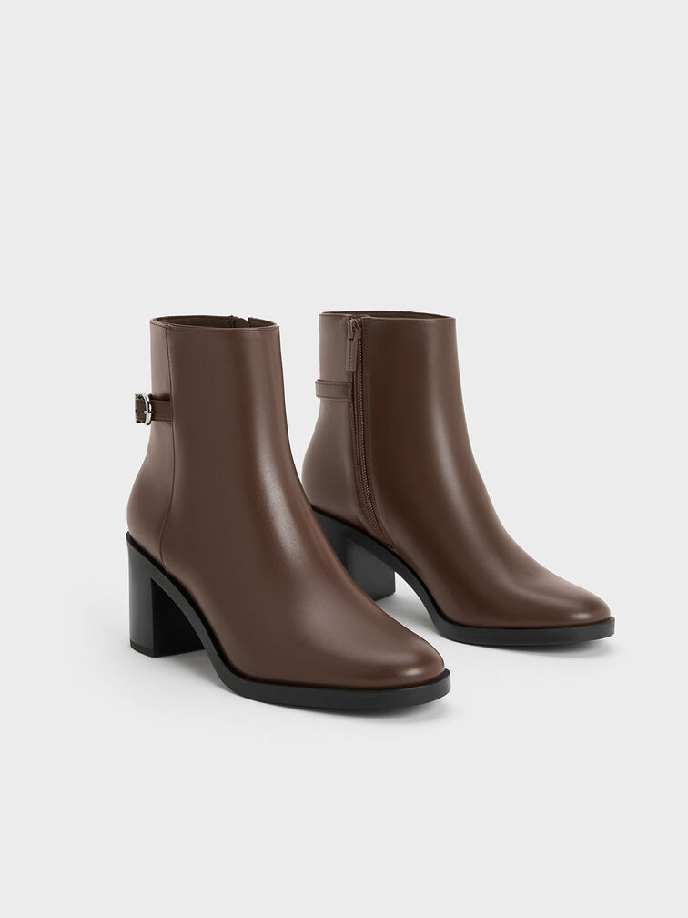 Side-Buckle Block Heel Ankle Boots, Dark Brown, hi-res