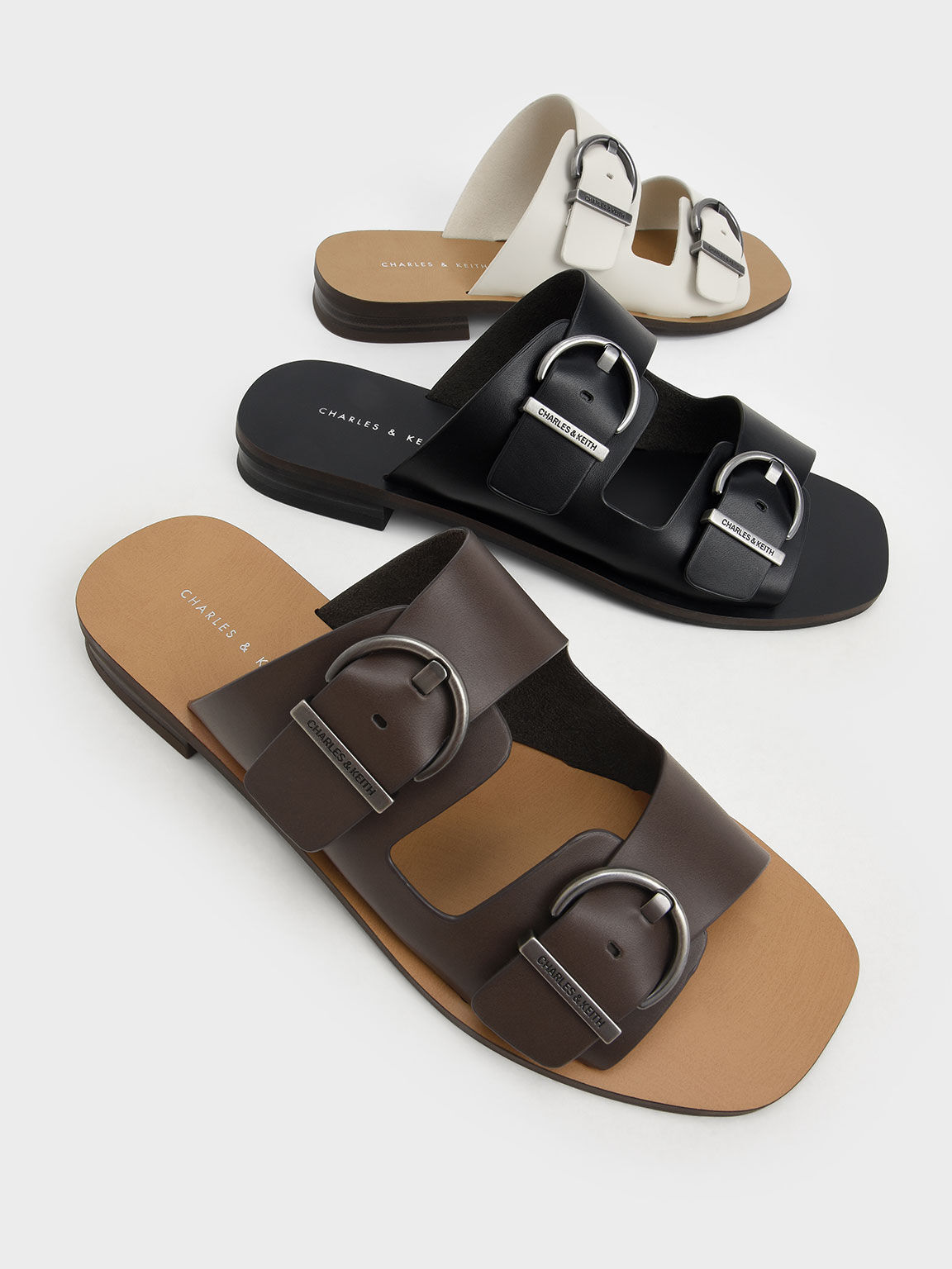 Double Buckle Strap Slide Sandals, Dark Brown, hi-res