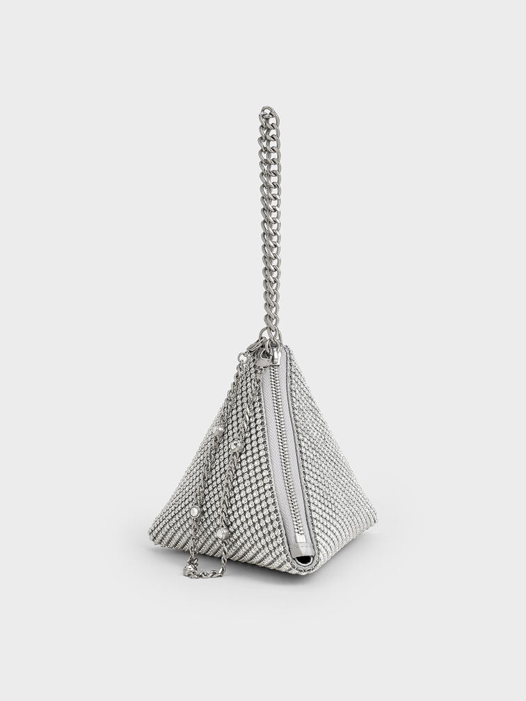 Crystal-Embellished Chain-Handle Triangle Clutch, Silver, hi-res