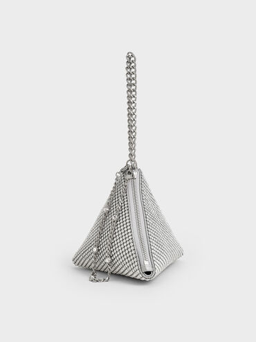 Crystal-Embellished Chain-Handle Triangle Clutch, Silver, hi-res
