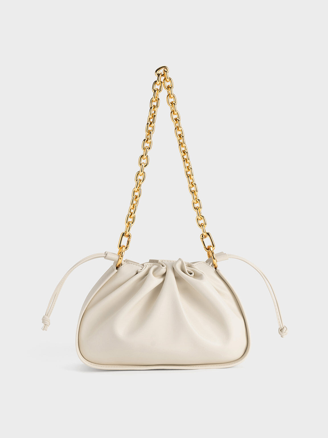 Ruched Chain Handle Drawstring Bag, Chalk, hi-res