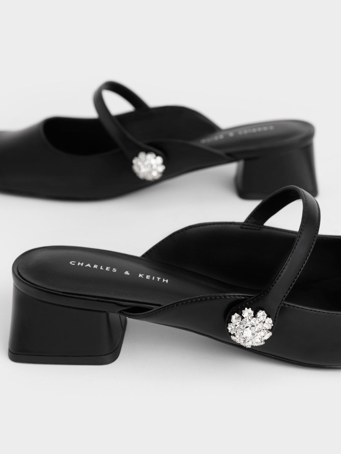 Gem-Embellished Trapeze Heel Pumps, Black, hi-res
