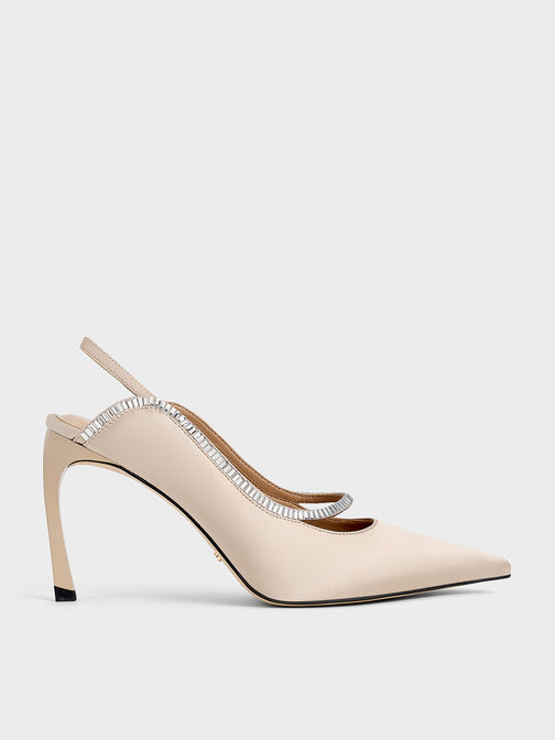 Recycled Polyester Crystal-Embellished Pointed-Toe Slingback Pumps, Champagne, hi-res
