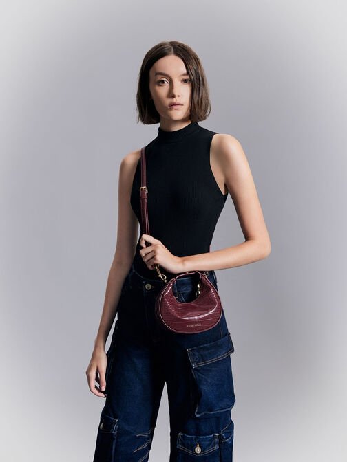 Mini Croc-Effect Moon Bag, Burgundy, hi-res