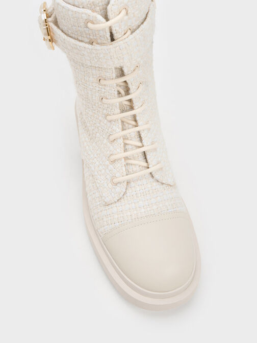 Tweed Pearl Buckle Lace-Up Ankle Boots, Chalk, hi-res
