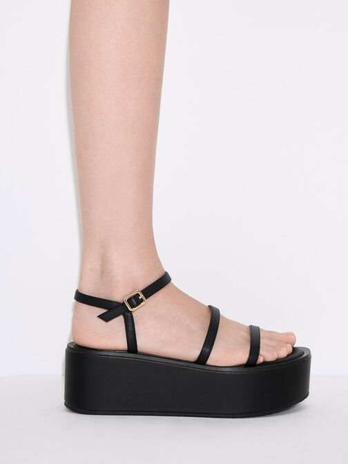 Strappy Flatform Wedge Sandals, Black, hi-res
