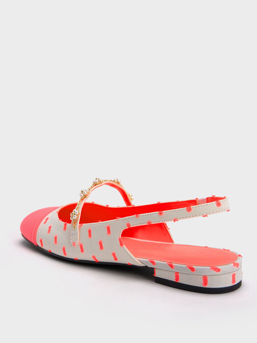 Beaded Flower Printed Slingback Flats, Coral Pink, hi-res