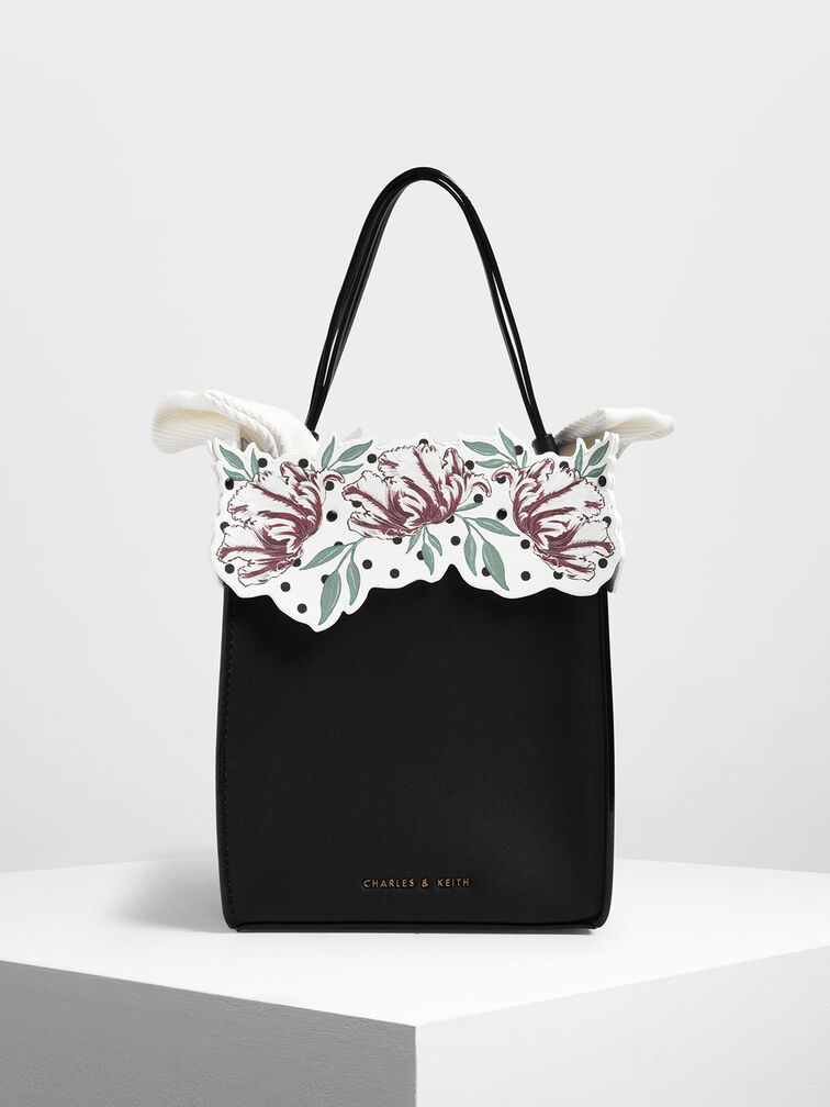 Floral Bucket Bag, Black, hi-res