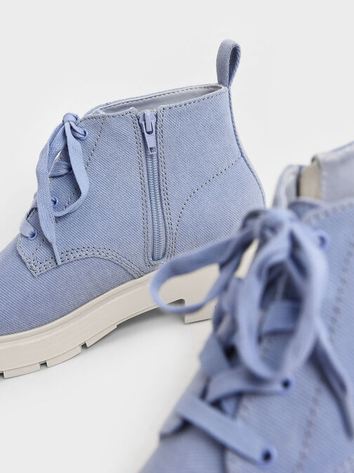 Twill Lace-Up Ankle Boots, Light Blue, hi-res