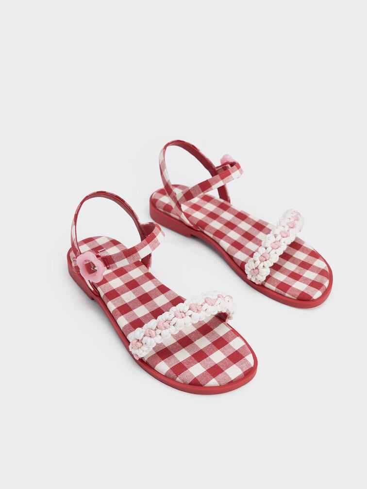 Girls' Floral Gingham Sandals, Red, hi-res