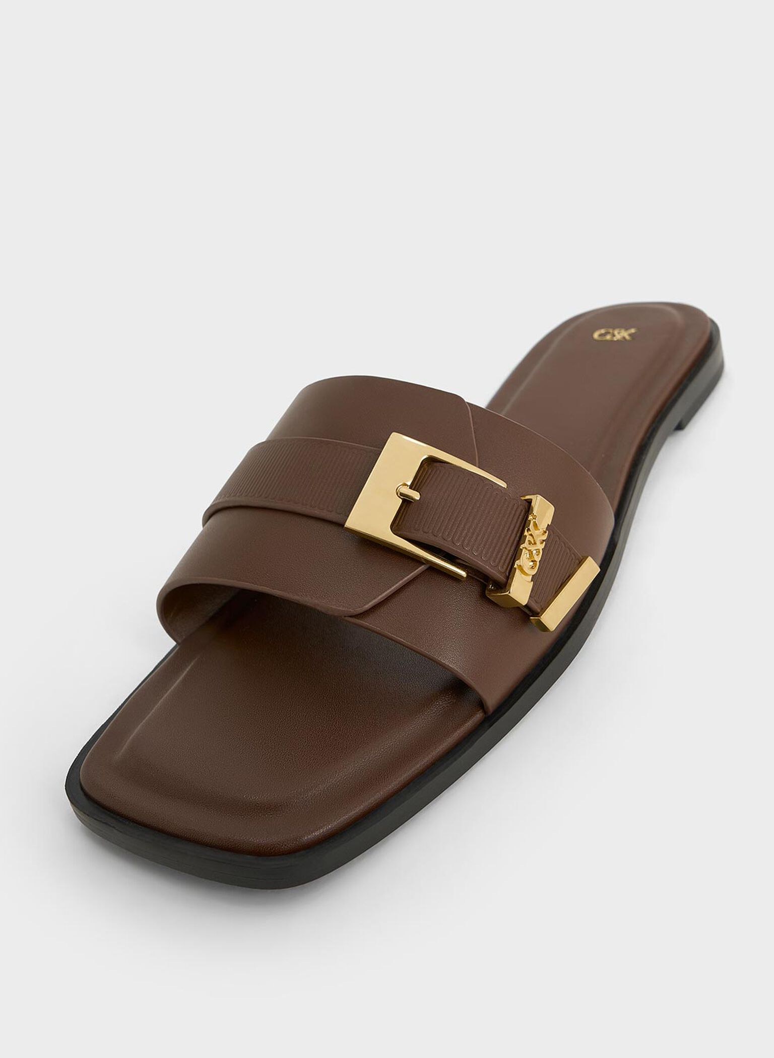 Leather Buckled Square-Toe Slide Sandals, Dark Brown, hi-res