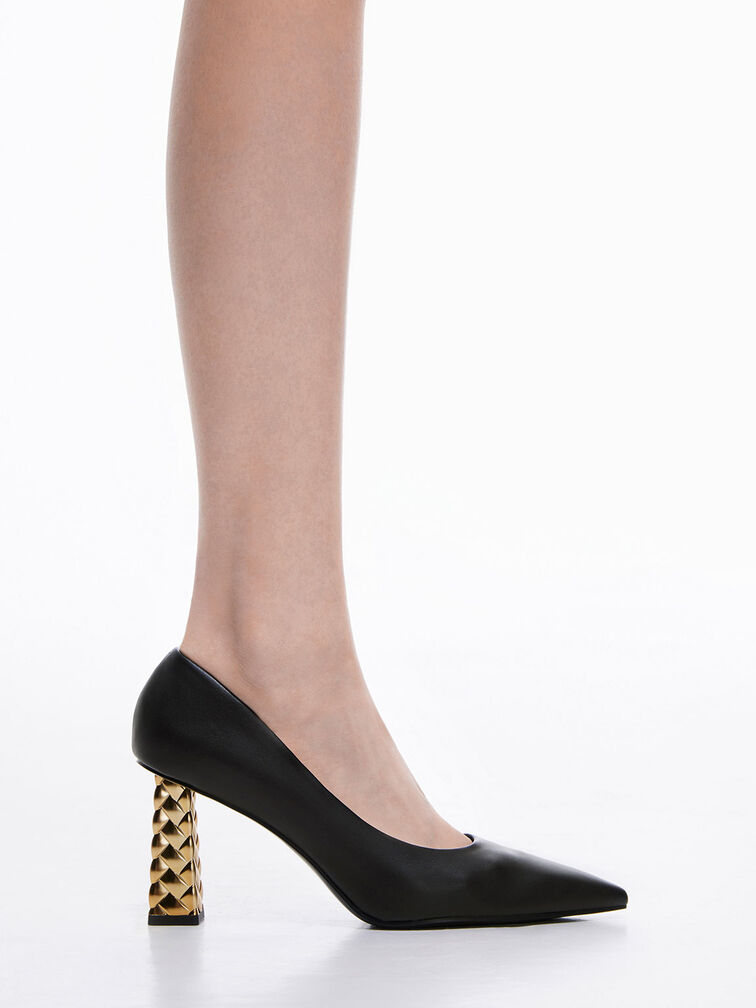 Quilted Heel Pointed-Toe Pumps - Black