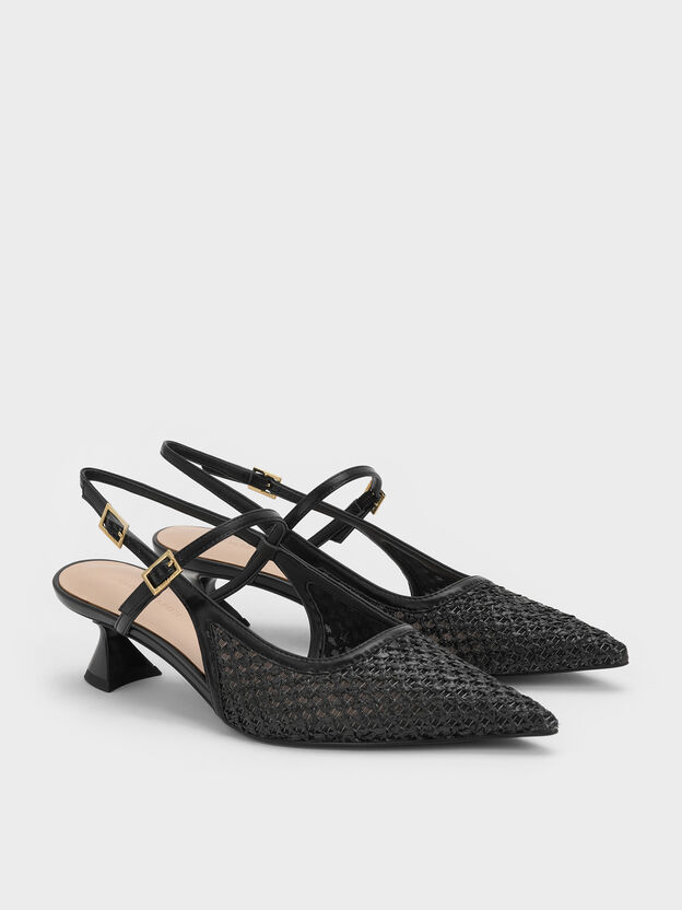 Zapatos de sal&oacute;n destalonados de rafia con tac&oacute;n esculpido, Negro texturizado, hi-res