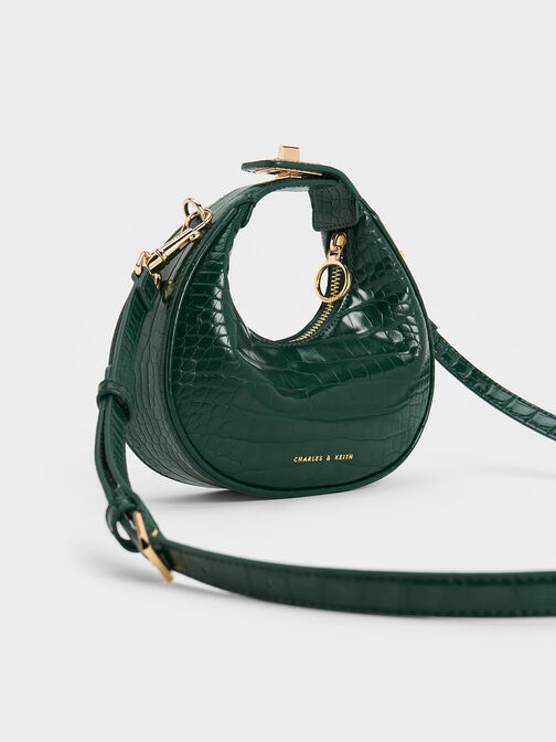 Mini Croc-Effect Moon Bag, Dark Green, hi-res