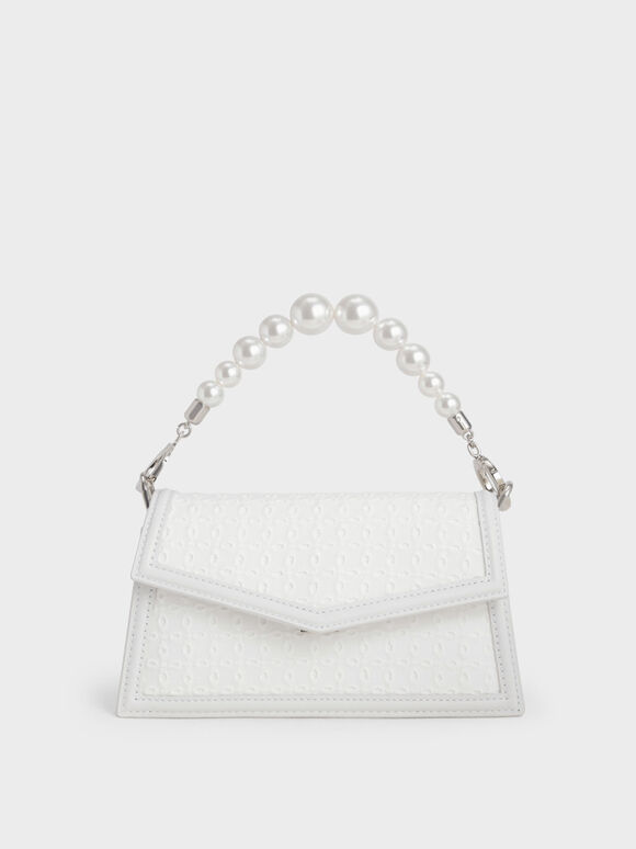 The Bridal Collection: Leather Bead-Handle Envelope Bag, White, hi-res