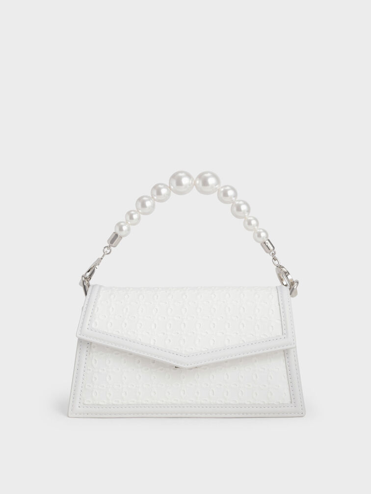 Leather & Lace Bead-Handle Bag, White, hi-res