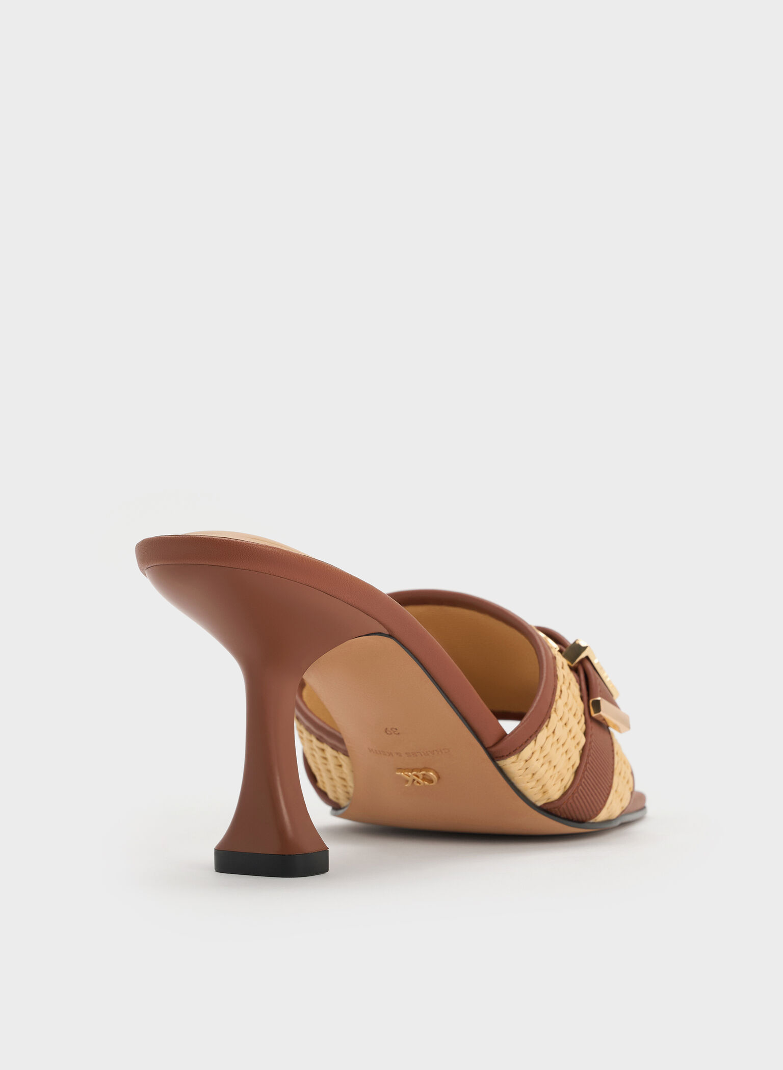 Mules con tacón en piel y rafia con hebilla Whitney, Marrón, hi-res