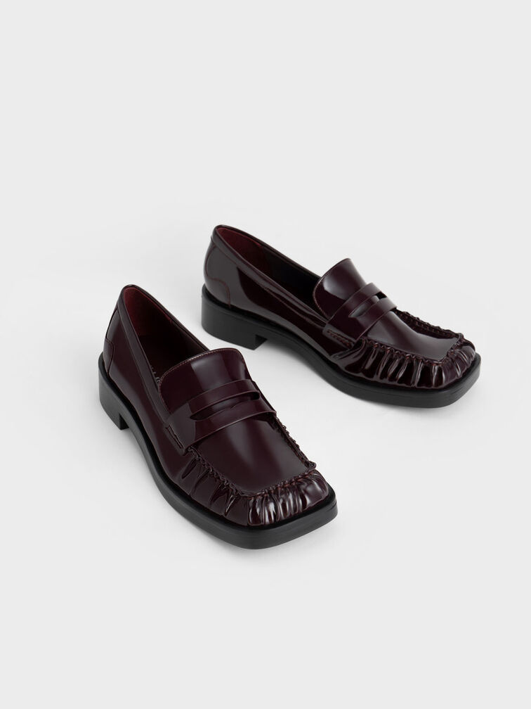 Patent Ruched Square-Toe Loafers, Maroon, hi-res