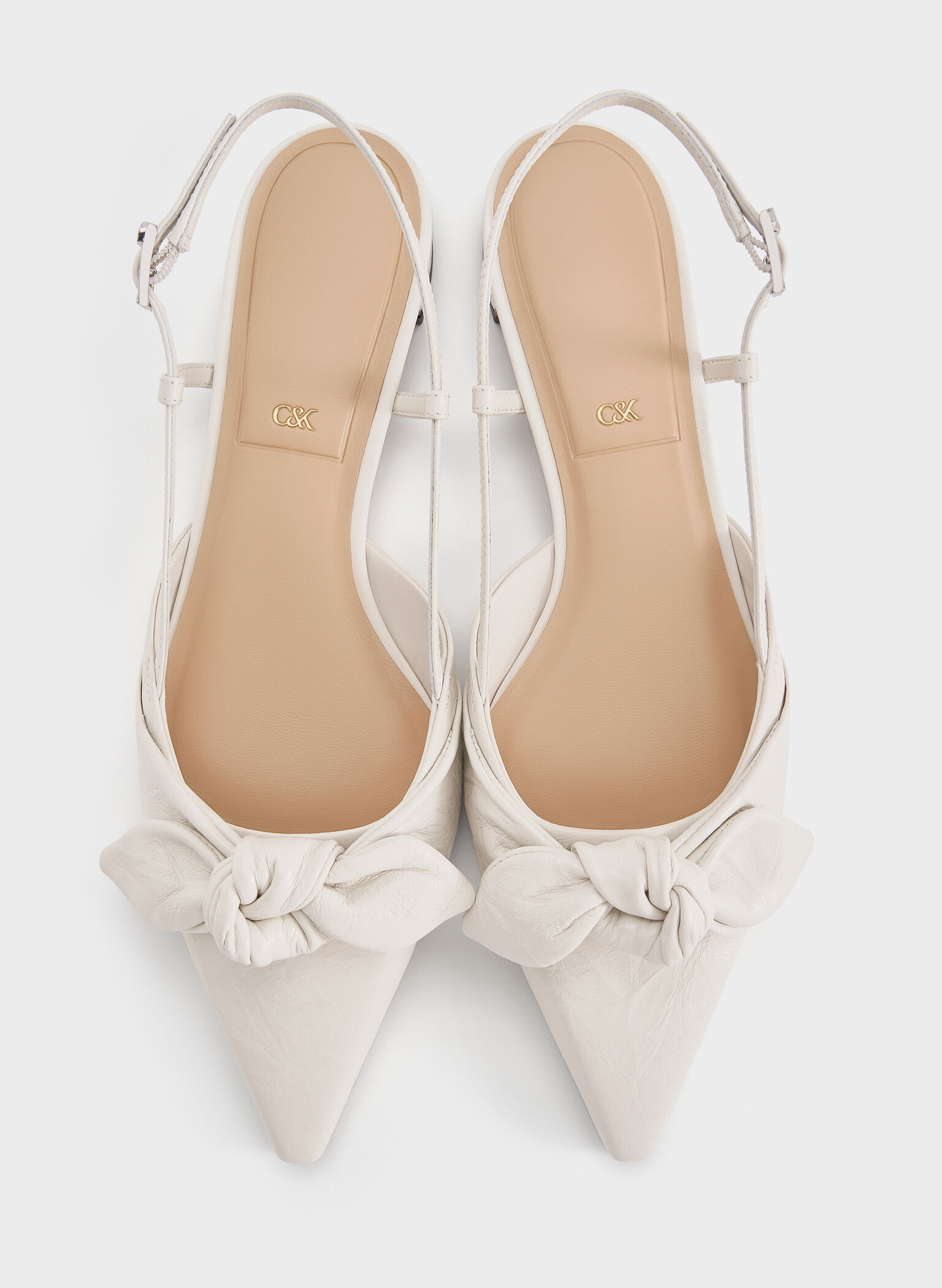 Sapatos Jayce Rasos Slingback em Couro com Efeito Enrugado e Laço com Nó, White, hi-res