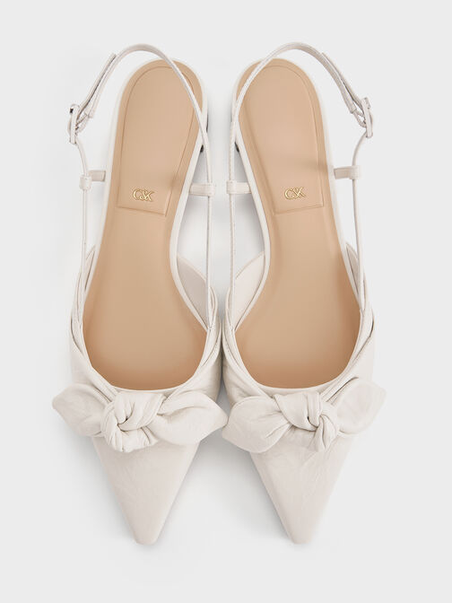 Jayce Leather Crinkle-Effect Knot-Bow Slingback Flats, White, hi-res