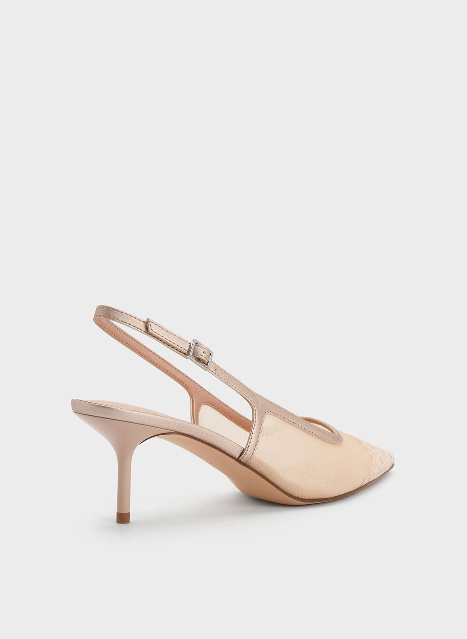 Mesh & Lace Pointed-Toe Slingback Pumps, Nude, hi-res