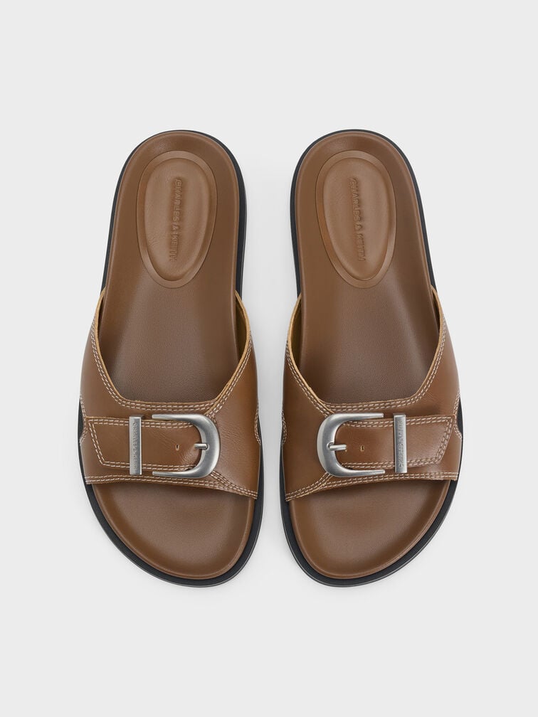 Stitch-Trim Buckled Slides, Cognac, hi-res
