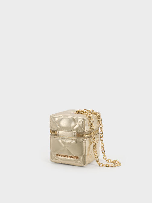 Janie Metallic Quilted Chain-Handle Micro Bag, Champagne, hi-res
