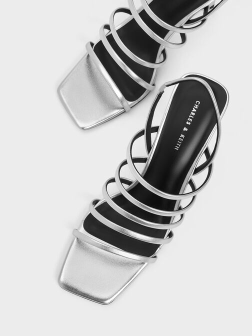 Sandalias de tiras metálicas con tacón plano, Plateado, hi-res