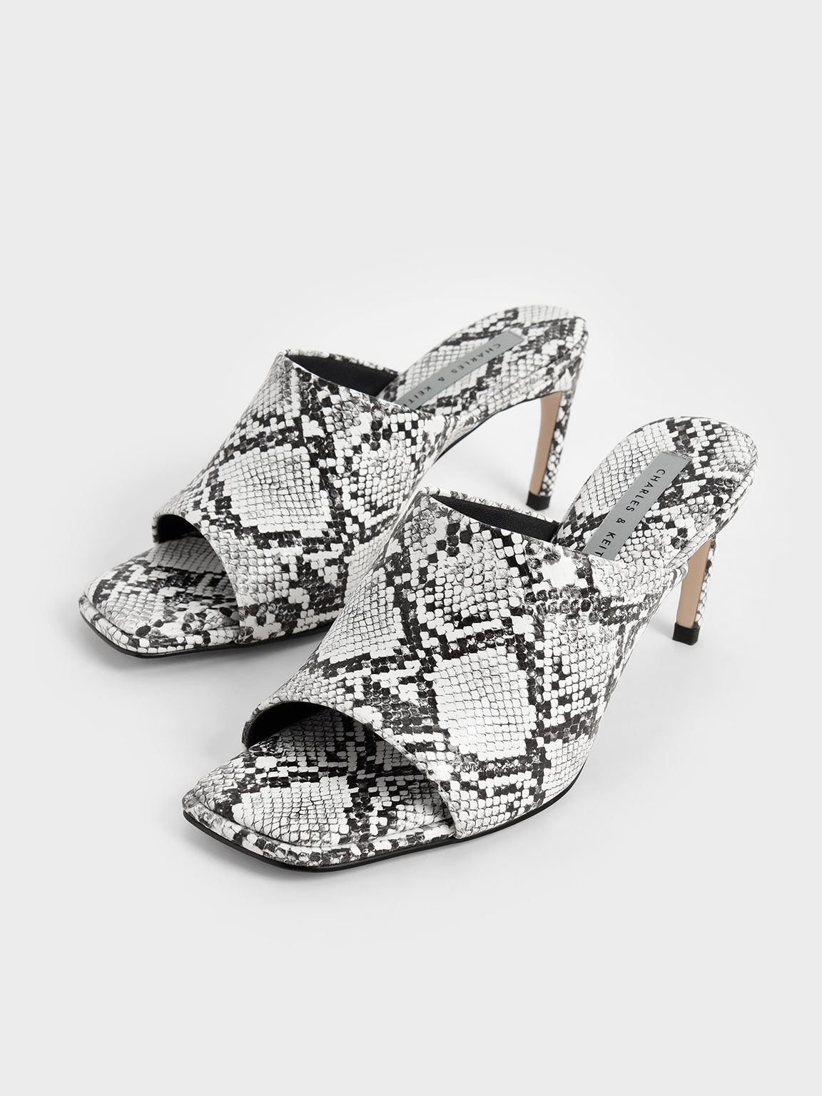 White Snake-Print Stiletto Heel Mules - CHARLES & KEITH IN