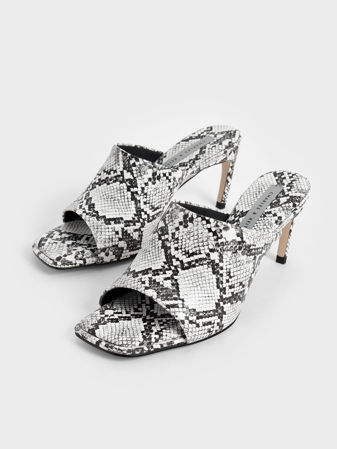Snake-Print Stiletto Heel Mules, Animal Print White, hi-res
