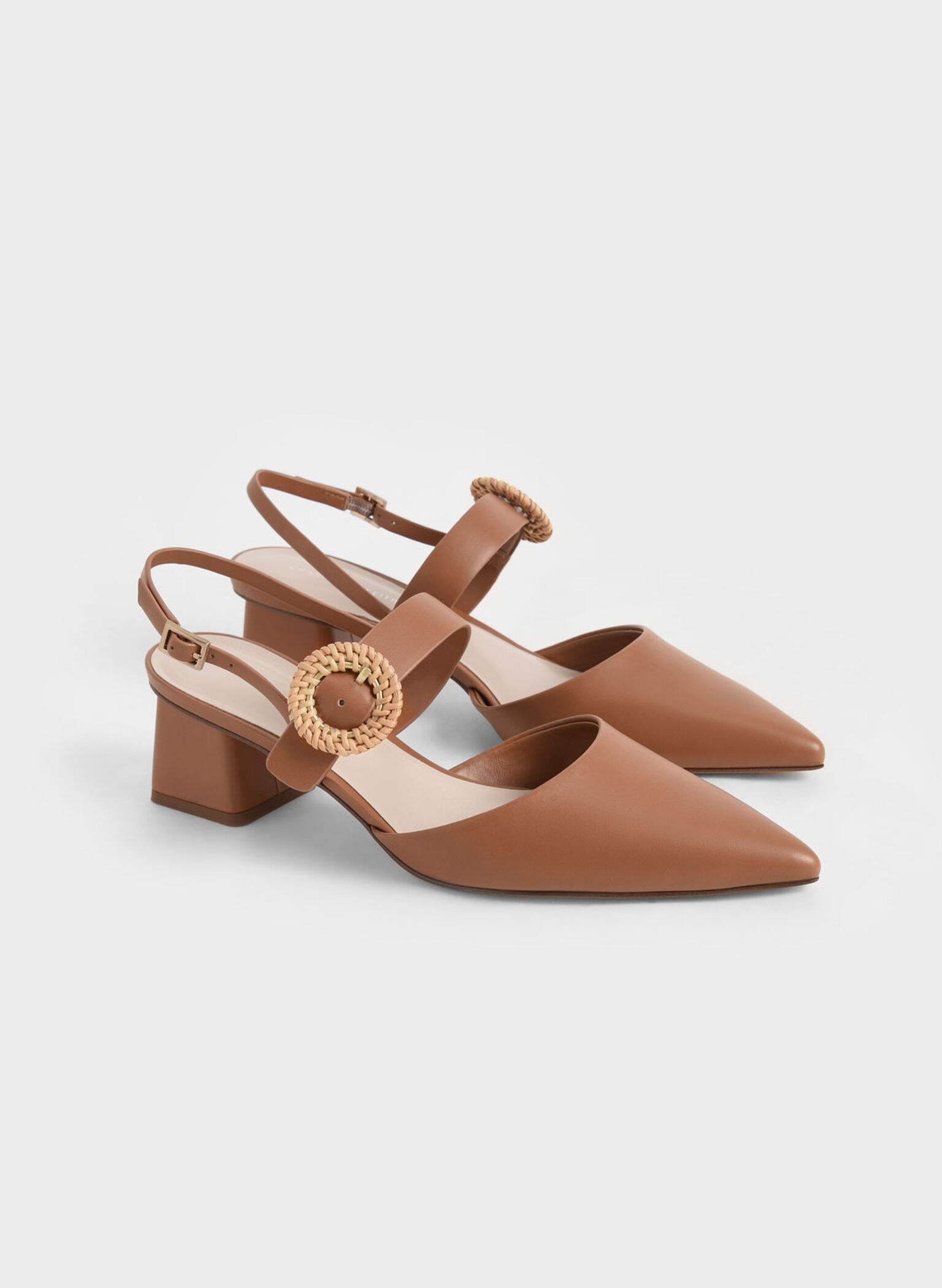 Woven Buckle Slingback Heeled Pumps, Caramel, hi-res