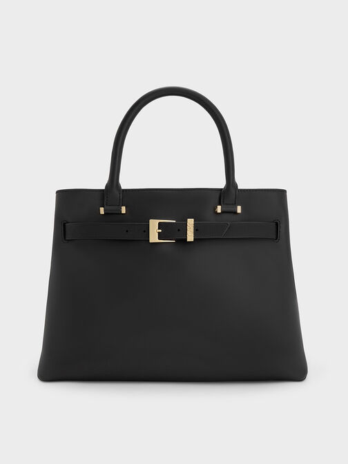 Voyager Leather Belted Trapeze Tote Bag, Black, hi-res