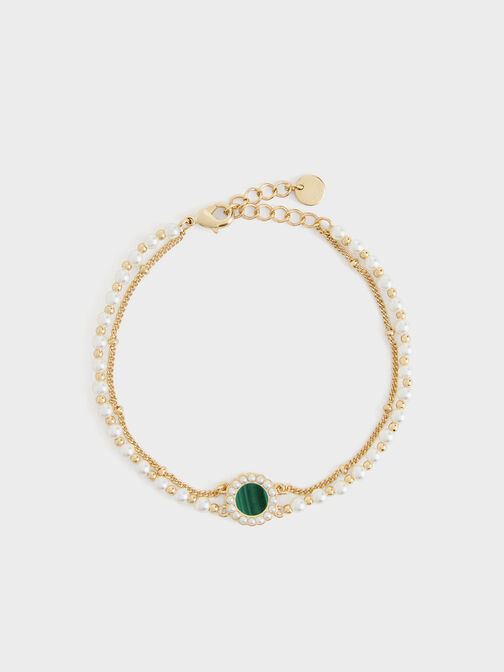 Pearl & Gemstone Double-Chain Bracelet, Green, hi-res