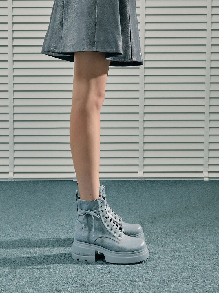 Denim Lace-Up Chunky Ankle Boots, Azul claro, hi-res