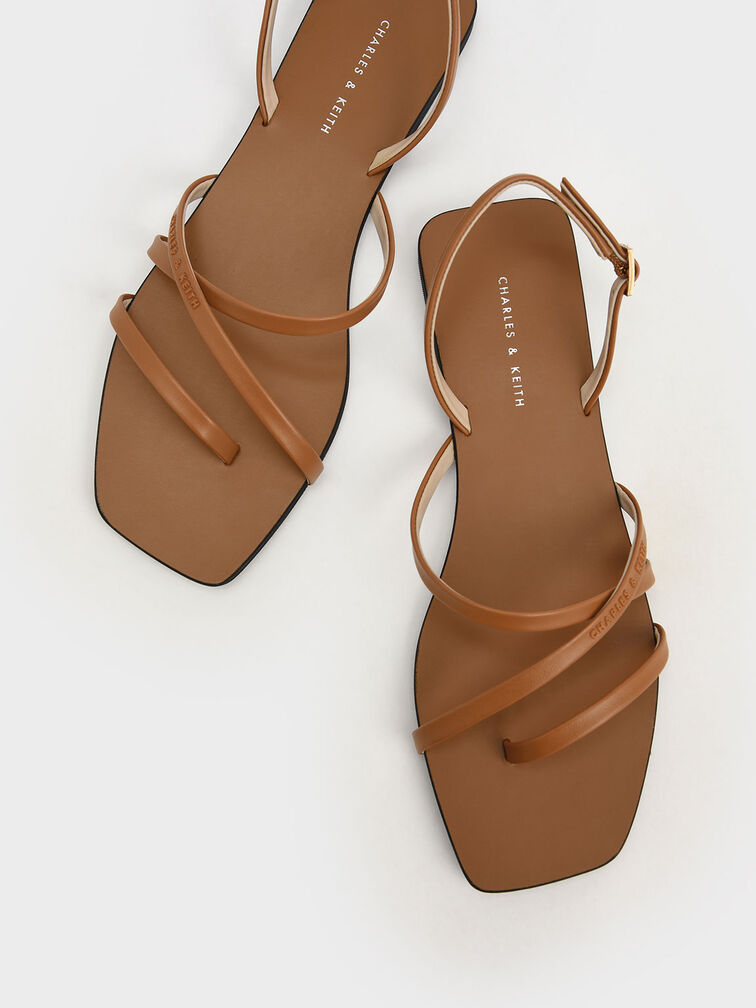 Strappy Square-Toe Slingback Sandals, Brown, hi-res