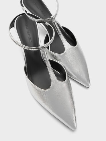 Metallic T-Bar Pointed-Toe Kitten-Heel Mules, Silver, hi-res