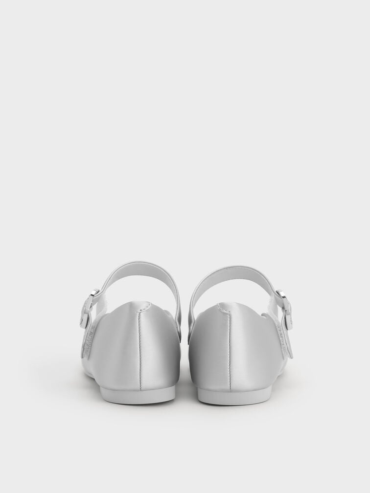 Girls' Pearlescent Crystal-Buckle Square-Toe Mary Jane Flats, Silver, hi-res