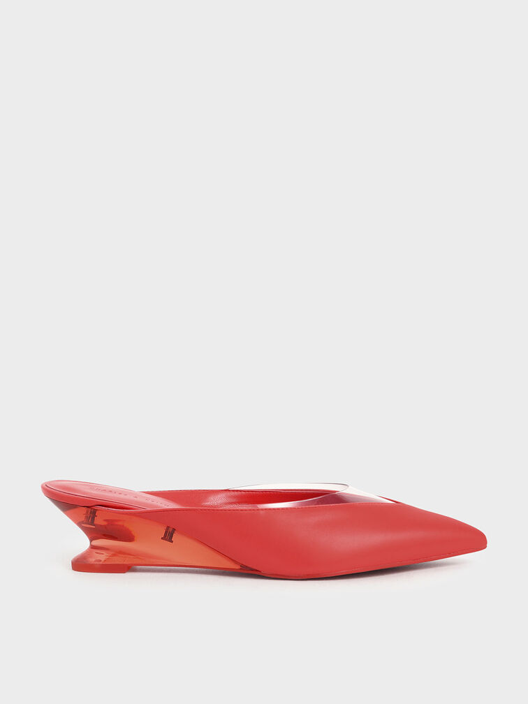 See-Through Effect Pointed Toe Mules, Red, hi-res