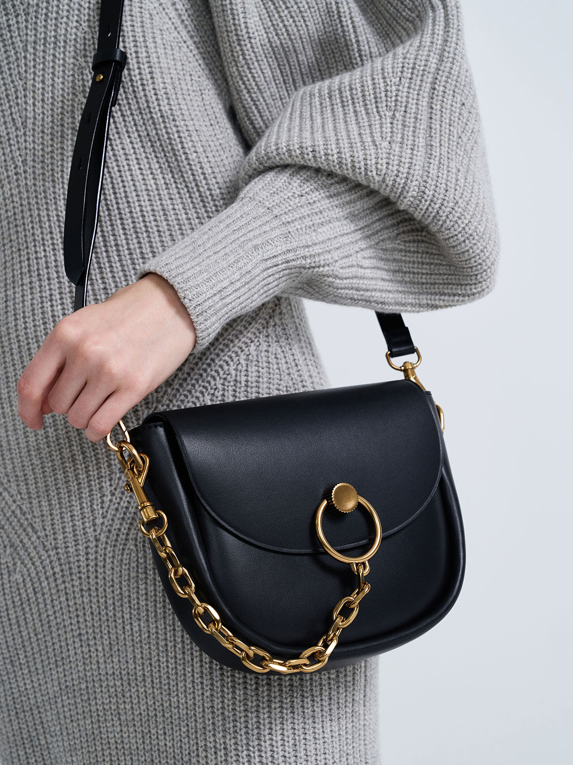 Becca Chunky Chain-Link Saddle Bag, Black, hi-res