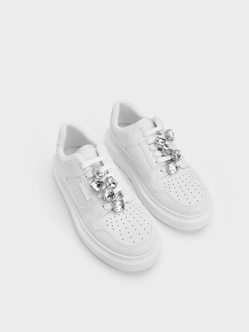 Gem-Embellished Platform Sneakers, White, hi-res