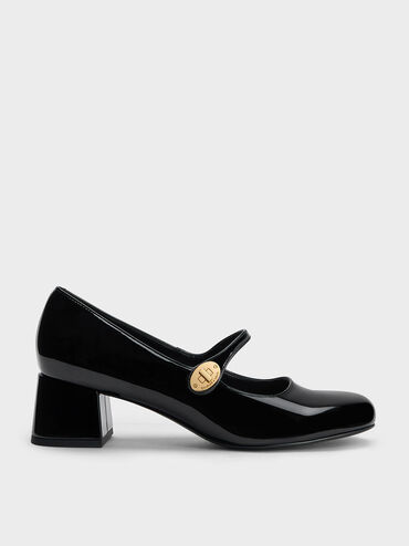 Hettie Patent Metallic-Buckle Block-Heel Mary Janes, Black Patent, hi-res