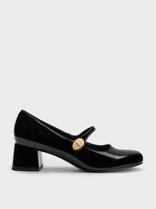 Patent Metallic-Buckle Block-Heel Mary Janes, Black Patent, hi-res