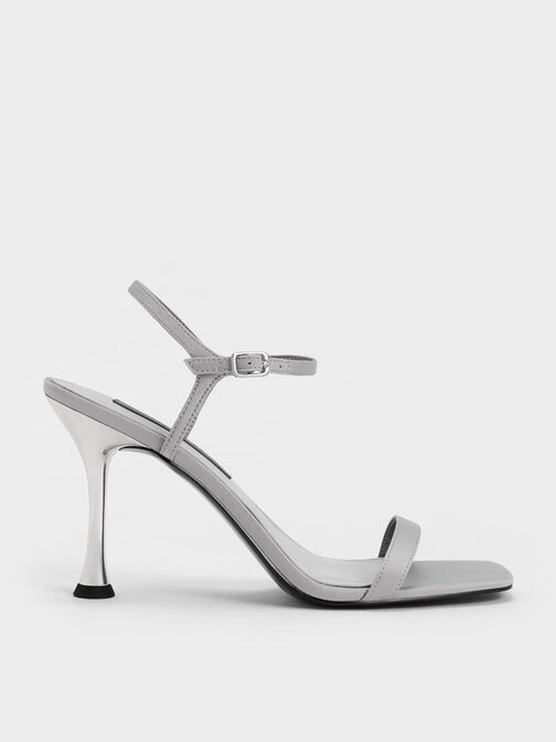 Spool Heel Satin Sandals, Grey, hi-res