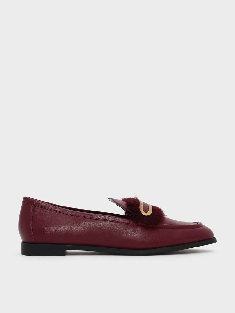 Furry Detail Leather Penny Loafers, Red, hi-res
